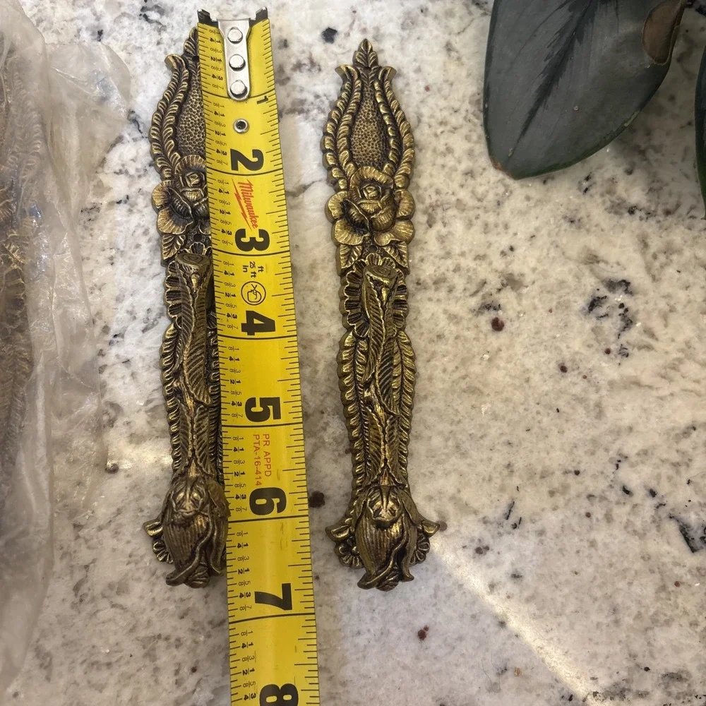 6 Vintage Ornate Brass? Drop Pull Handle Art Nouveau Rose Leaf Westbrook NOS